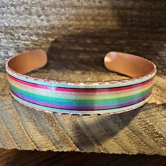 Handmade Boho Copper Narrow Cuff Bracelet, Diamond Cut Rainbow Pride Design, Gi - Picture 1 of 9
